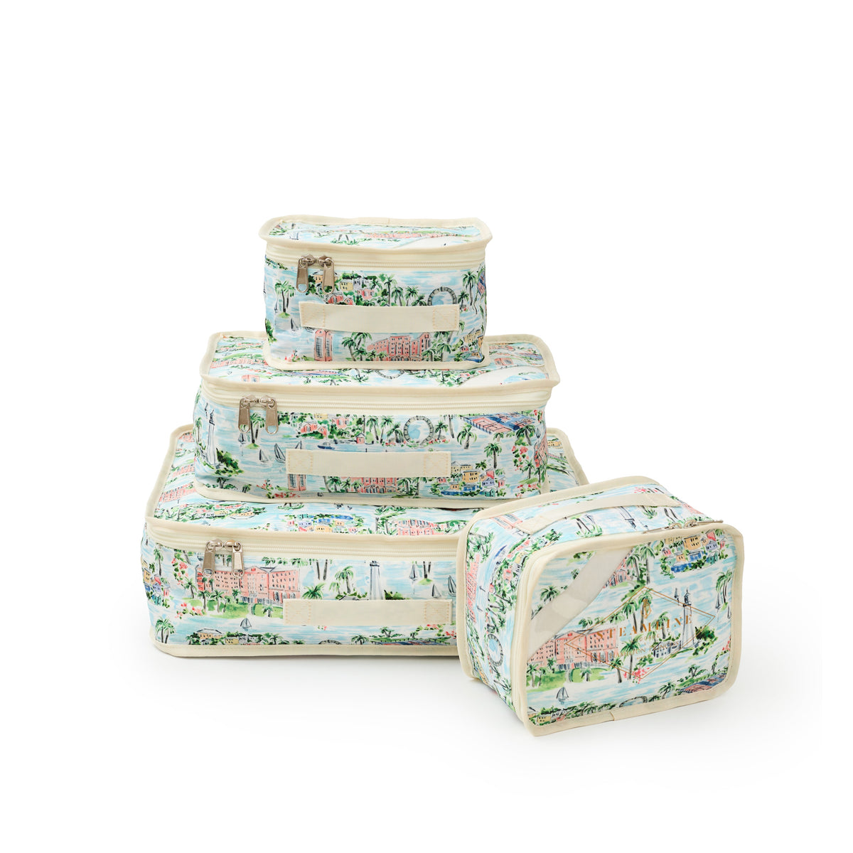Front view of Hamilton Princess Bermuda x SteamLine packing cubes showcasing watercolor artwork and transparent panels