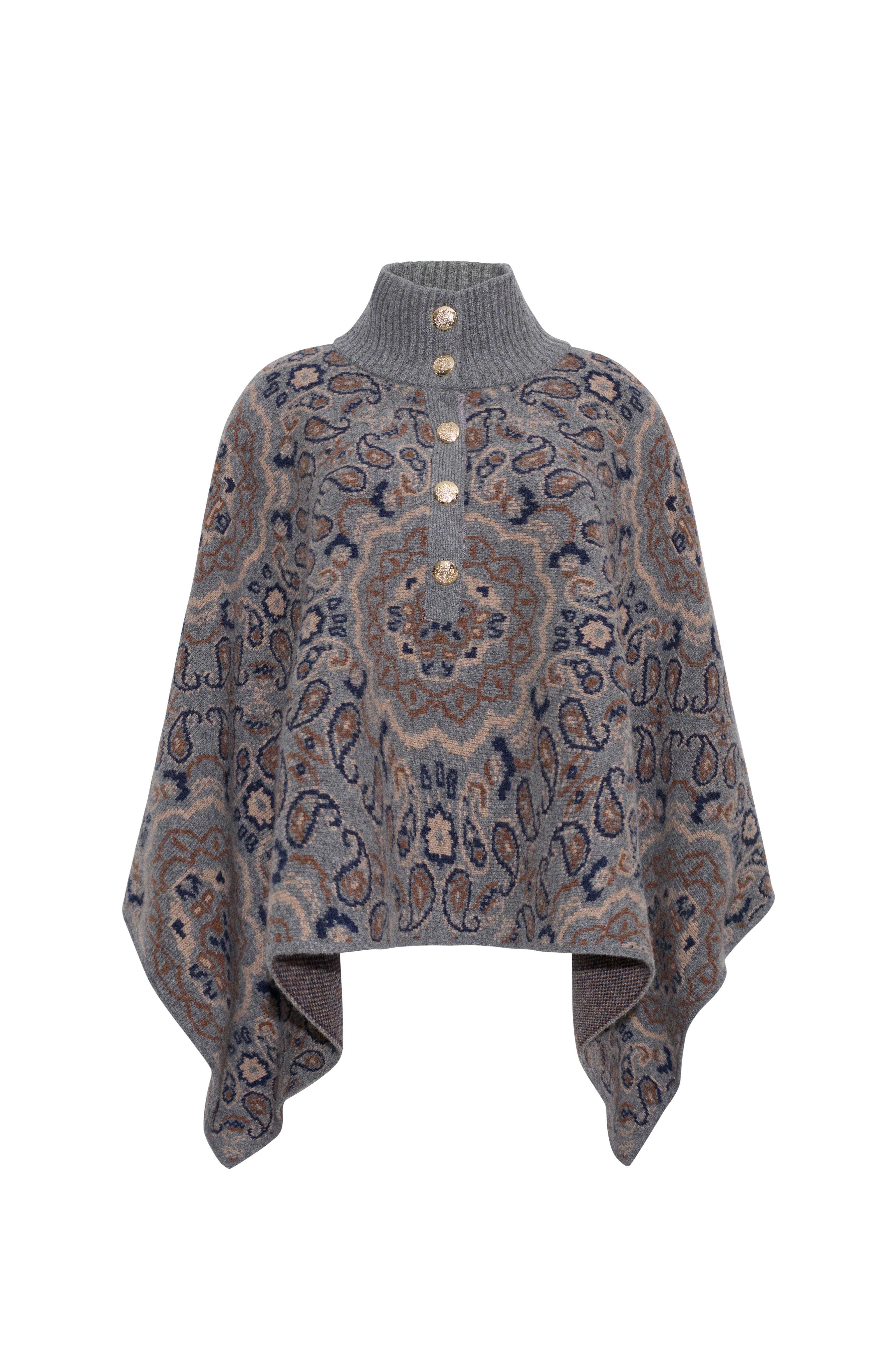 Front view of the Pagoda Cape in Bandana Heather Grey showcasing patterned jacquard, turtleneck, and button front