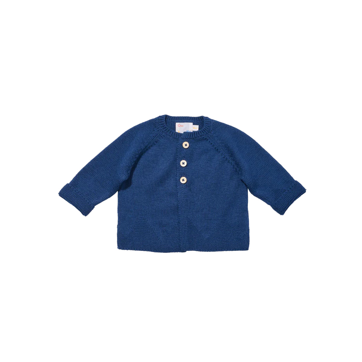 Front flat lay of Paige Cardigan in navy showcasing three stacked buttons, diamond knit texture, and cuffed hems on white background