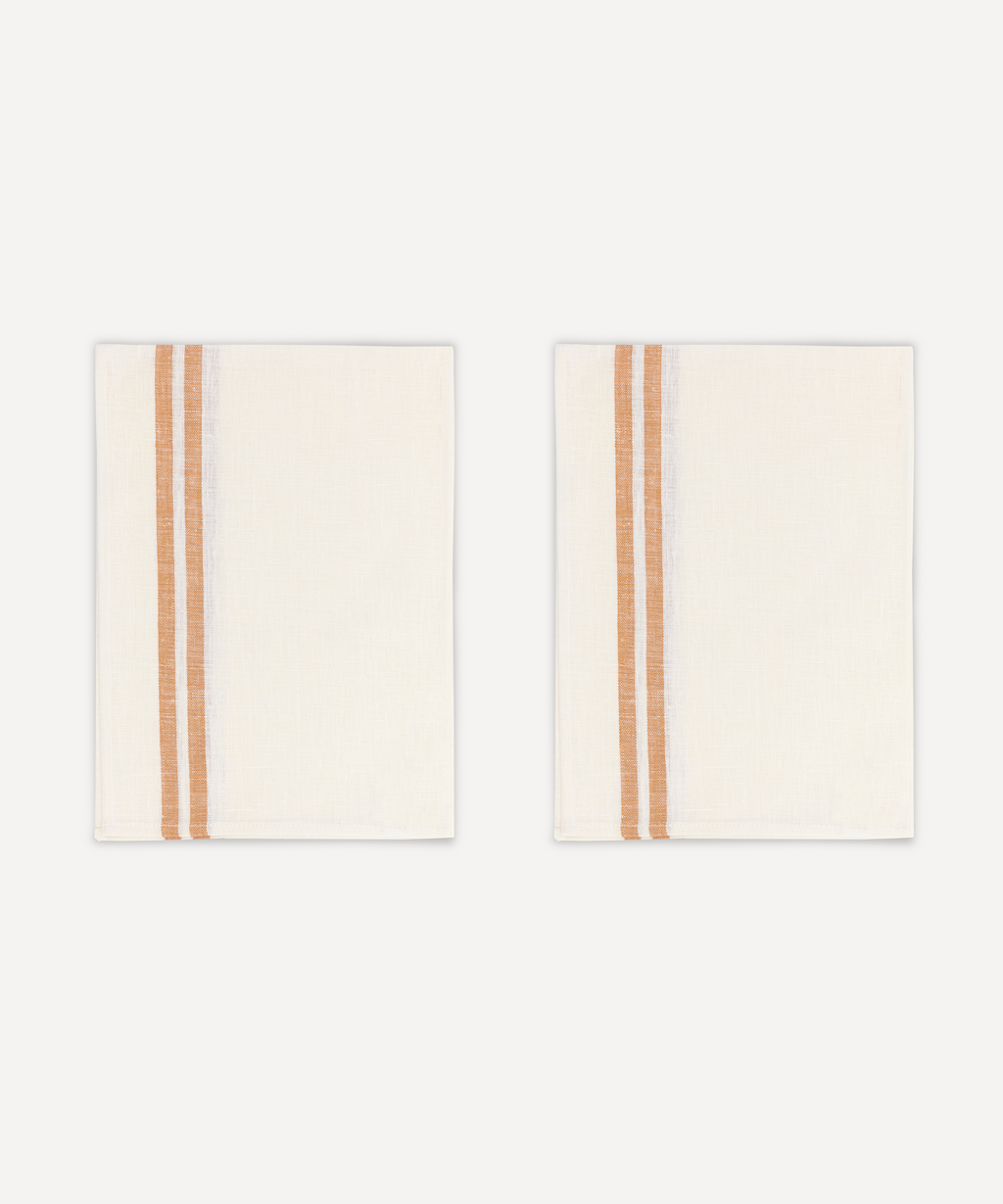 Rebecca Udall Pair of Striped Linen Tea Towels, Burnt Orange, Ivory Background