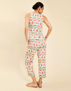 Model wearing the Palau Cigarette Pant in Quatrefoil Sierra print, featuring a slim-fit cropped silhouette, tailored front pleat detailing, side seam pockets, and crisp poplin fabrication.