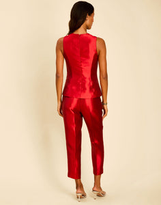 Palau Cigarette Pant in Merlot Red with a high waist, pressed front pleats, and cropped slim-fit silhouette
