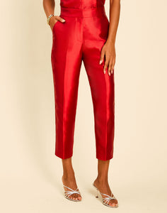 Palau Cigarette Pant in Merlot Red with a high waist, pressed front pleats, and cropped slim-fit silhouette