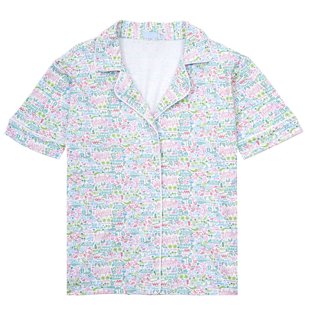 Palm Beach print Joy Street Women's button down short pajama top, multi