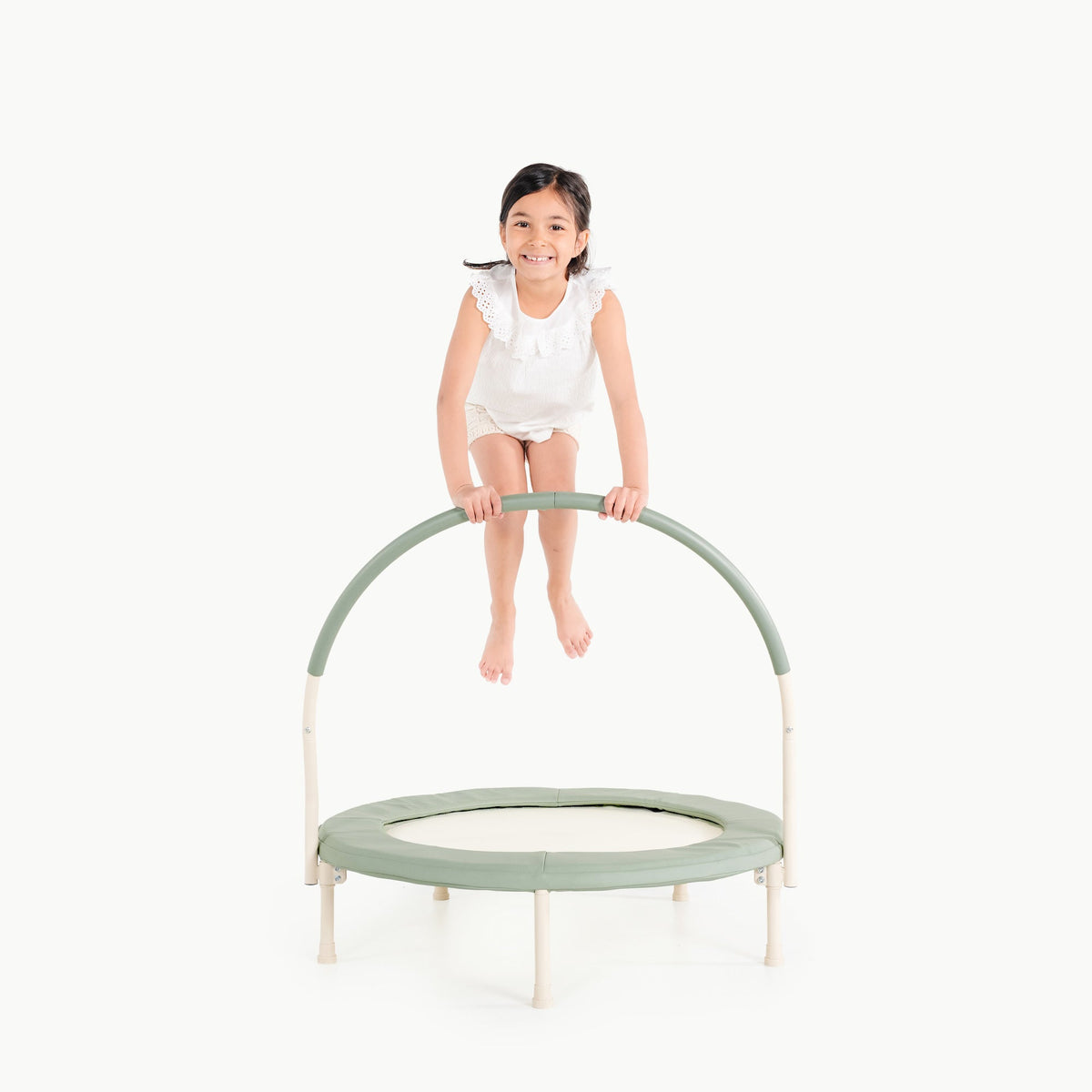Palm@little girl jumping on palm trampoline