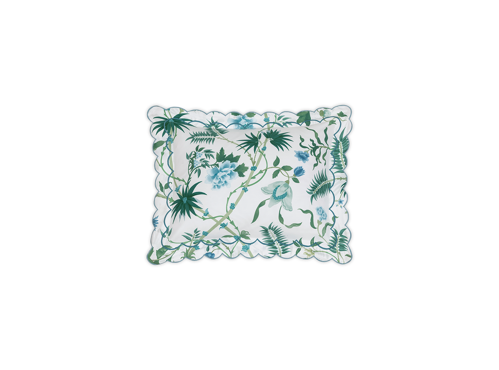 Front view of Palmyra boudoir sham showcasing emerald botanical print and double-scallop embroidery on black background