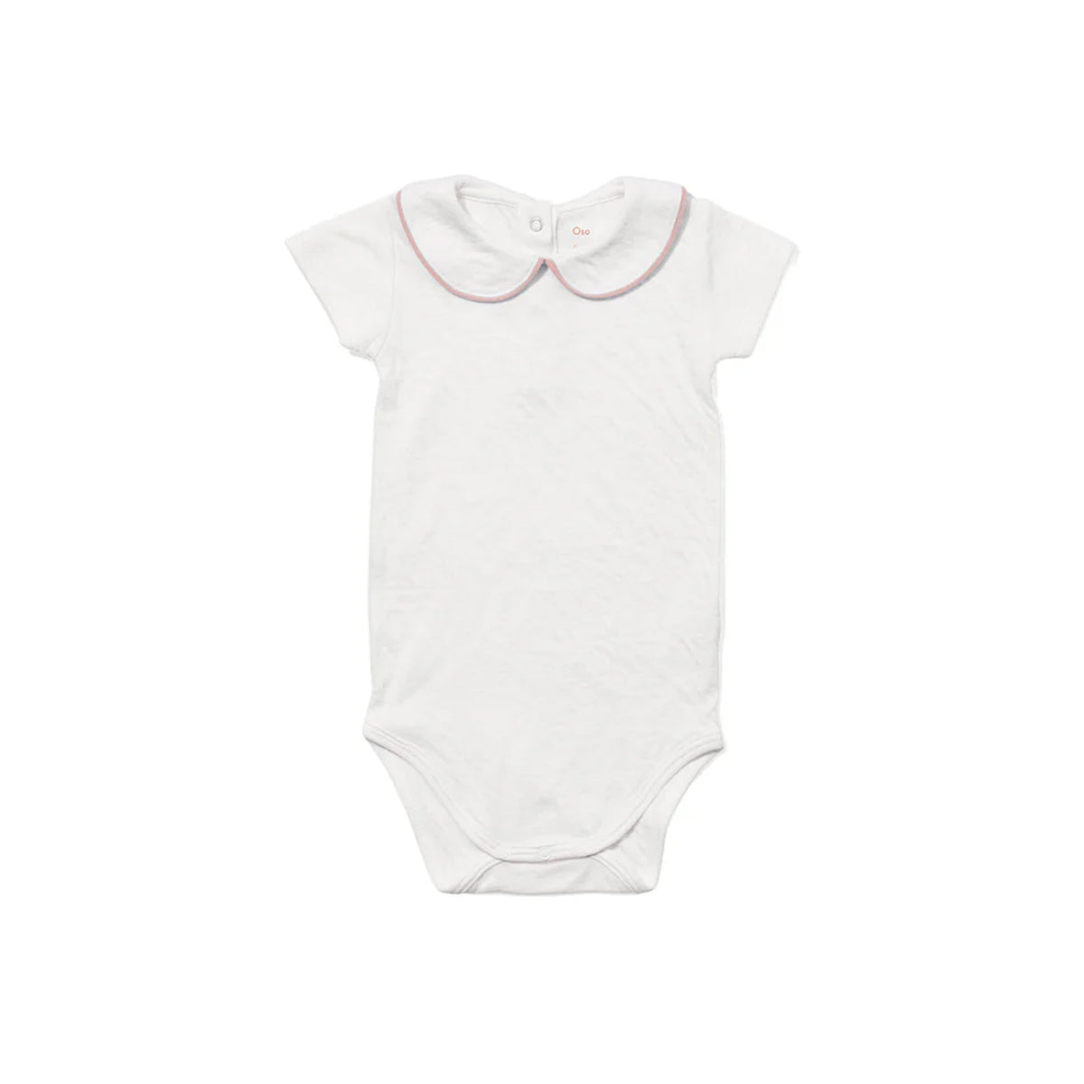 Front view of Pan One-Piece in Rose Piping showcasing white short sleeves and Peter Pan collar on a white background