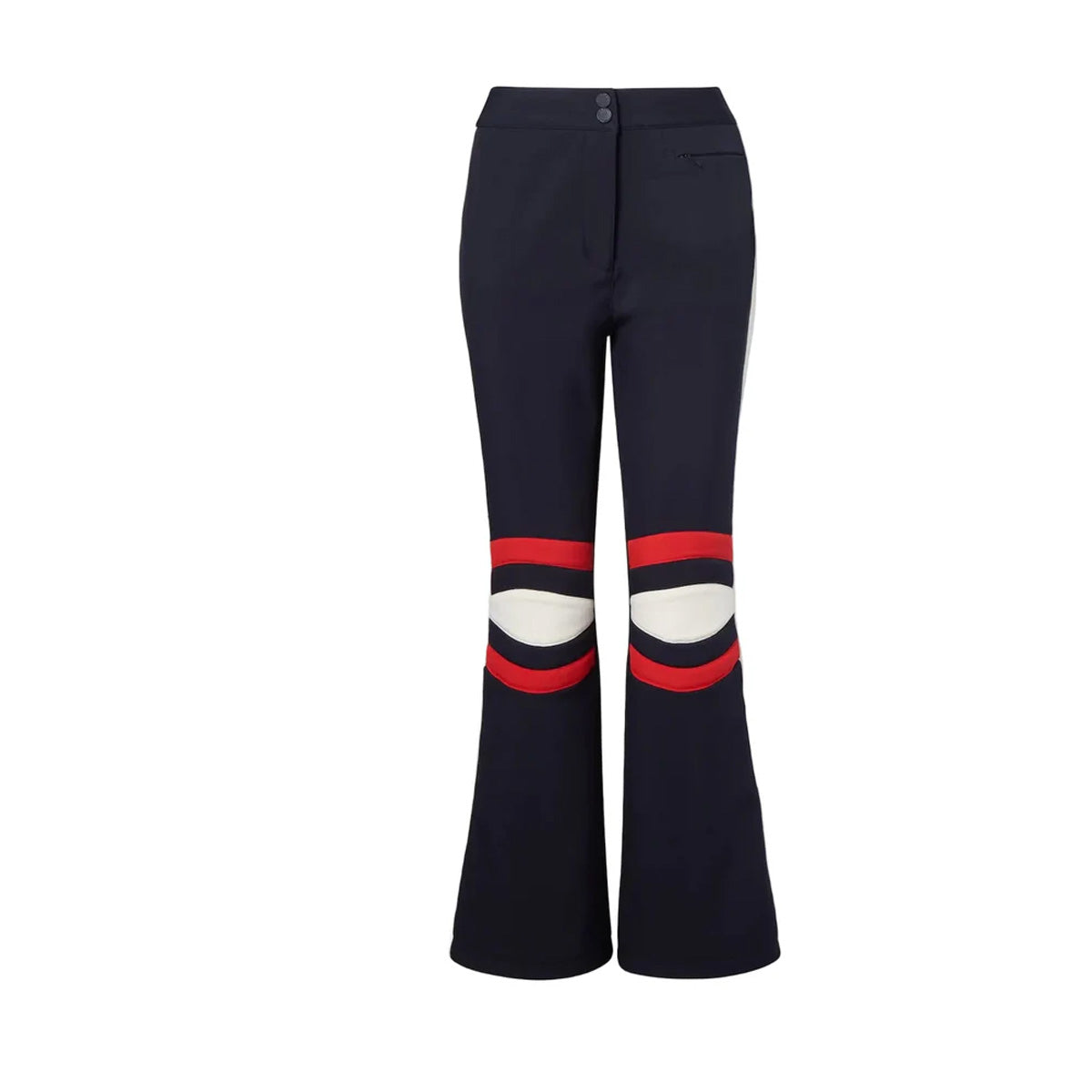 Front view of Solo Ski Pant in navy blue showcasing flared legs and red and white knee panels on white background