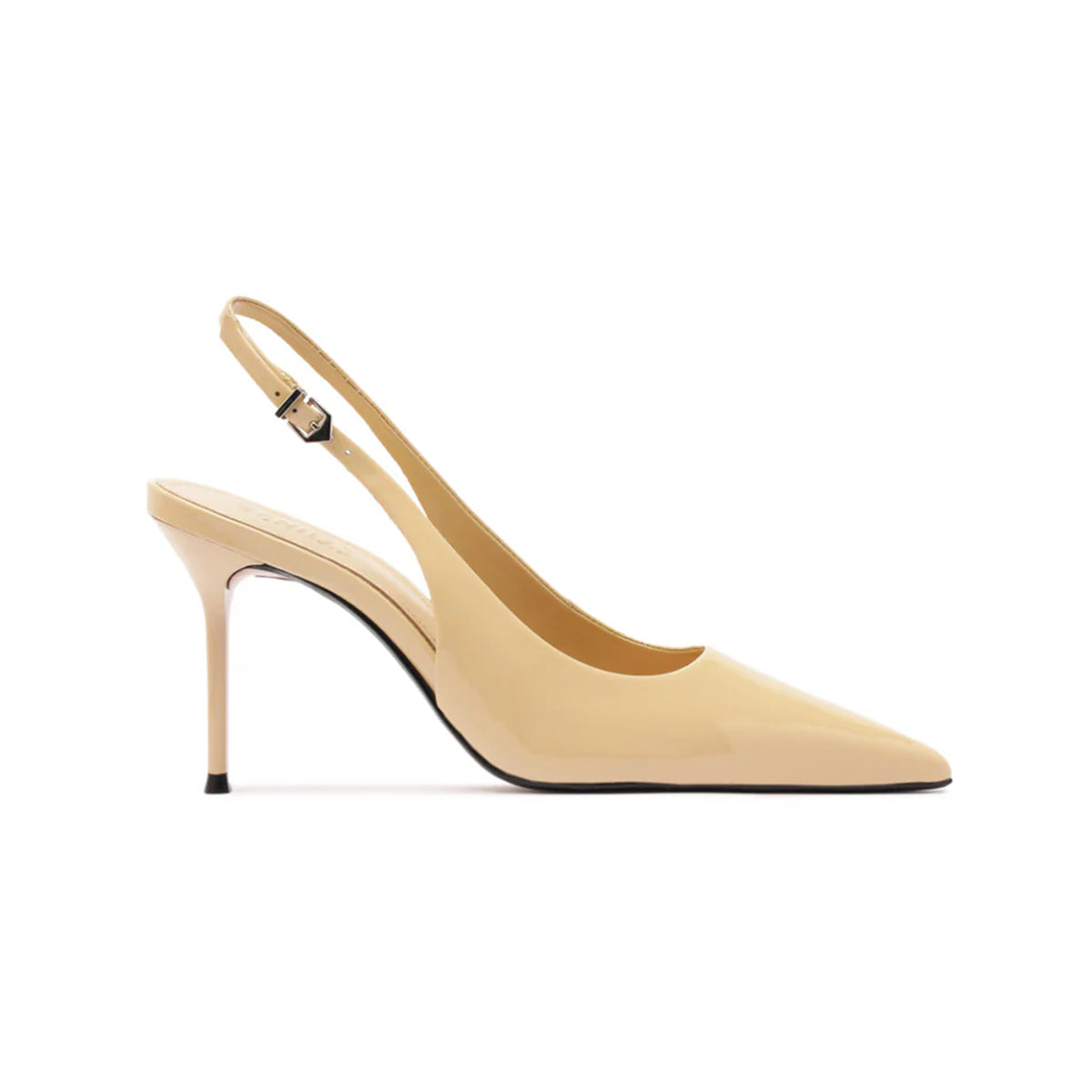 Side view of Paola Patent Pump in Buff Beige showcasing pointed toe, slingback and stiletto heel on white