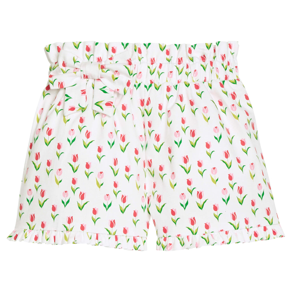 Little English traditional children's clothing.  Pink and red tulip short for girls with elastic waist, fixed bow, and ruffled hem