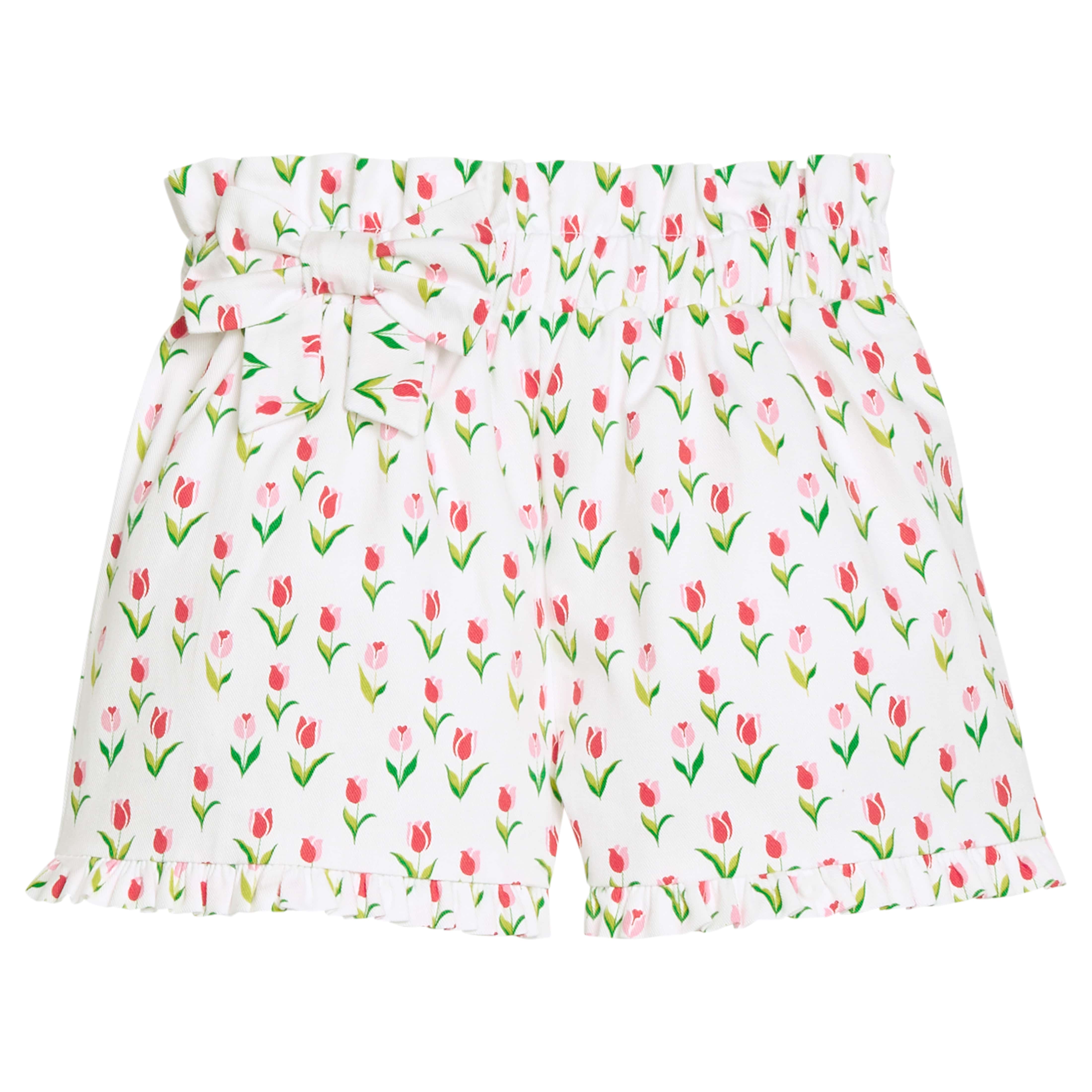 Little English traditional children's clothing.  Pink and red tulip short for girls with elastic waist, fixed bow, and ruffled hem