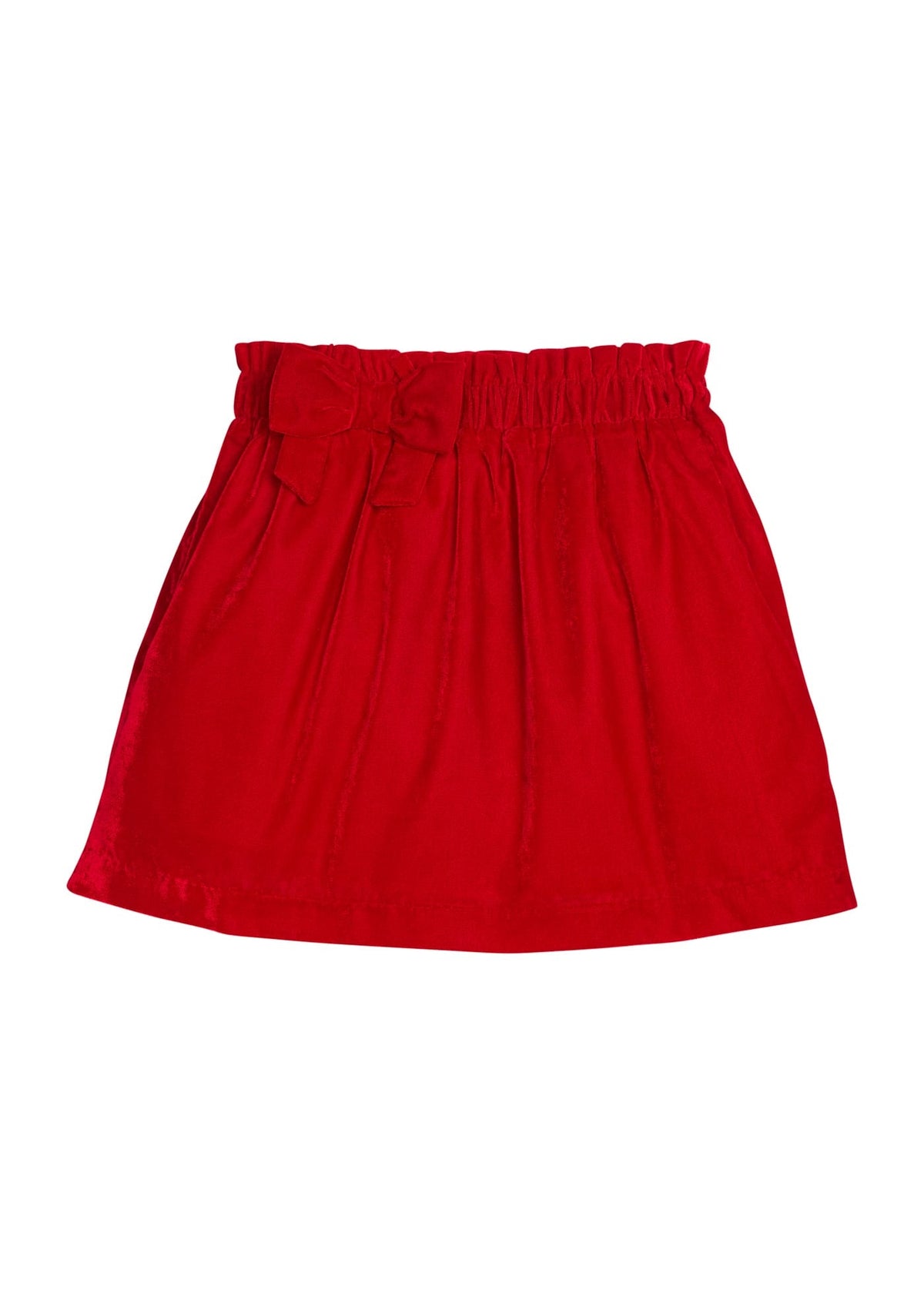 Little English traditional children's clothing. Red velvet skirt with elastic waistband an off-center fixed bow for girls