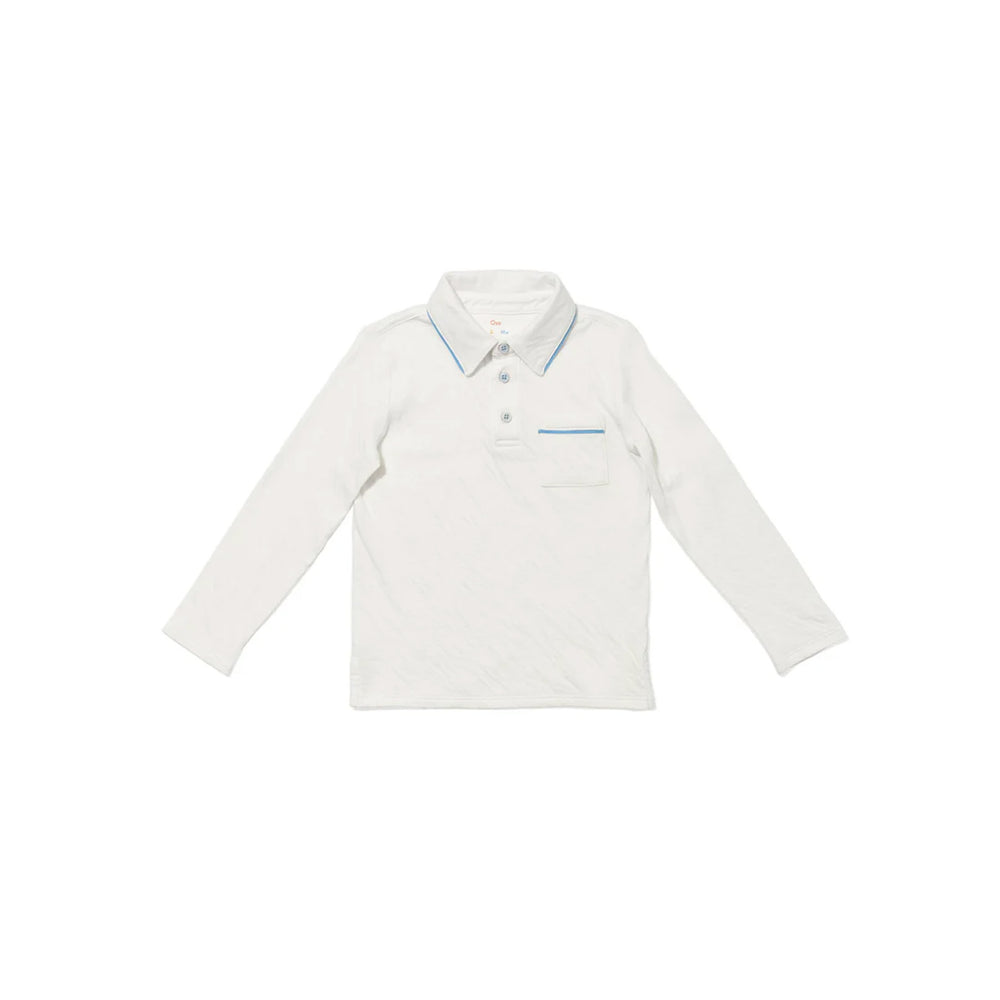 Flat lay of Parker Polo long sleeve in white showing blue piping on collar and chest pocket on white background