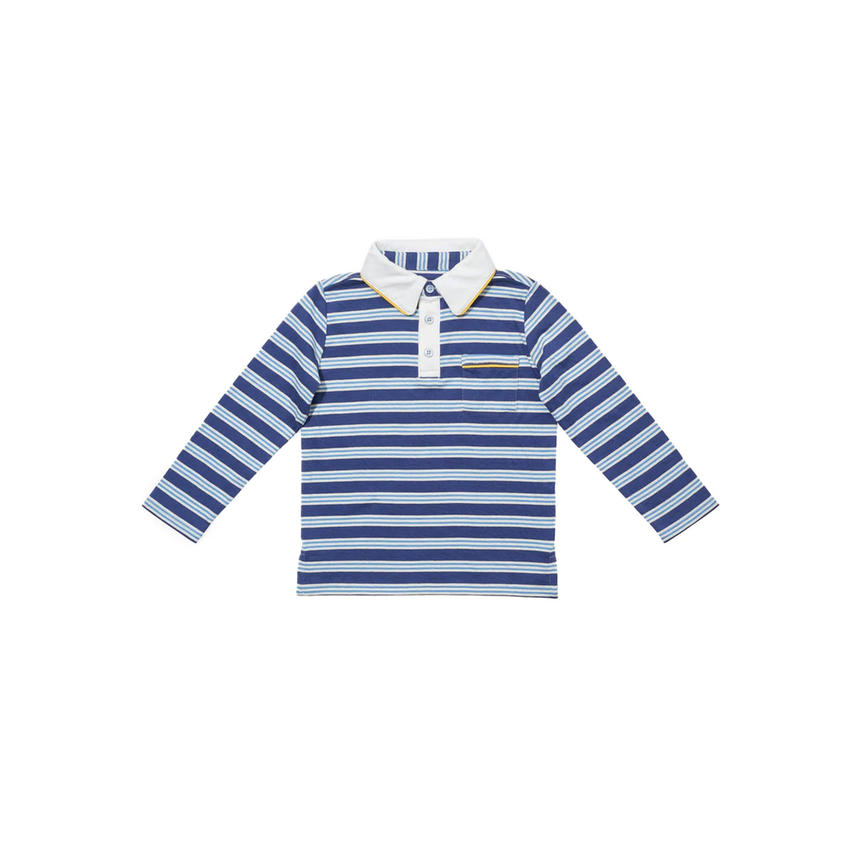 Front view of Parker Polo in Navy Twin Stripe showcasing horizontal stripes, piped collar and chest pocket with white background