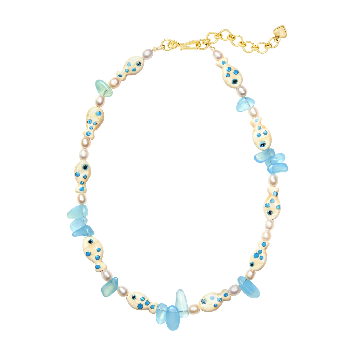 Flat lay of Paros Necklace showcasing lampwork glass fish beads, freshwater pearls, and aquamarine accents on a white background