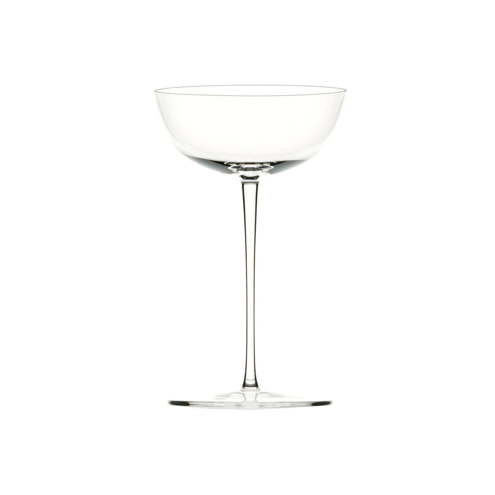 Front view of Patrician Champagne Cup showing ultra-thin mouth-blown crystal and long slender stem on white background