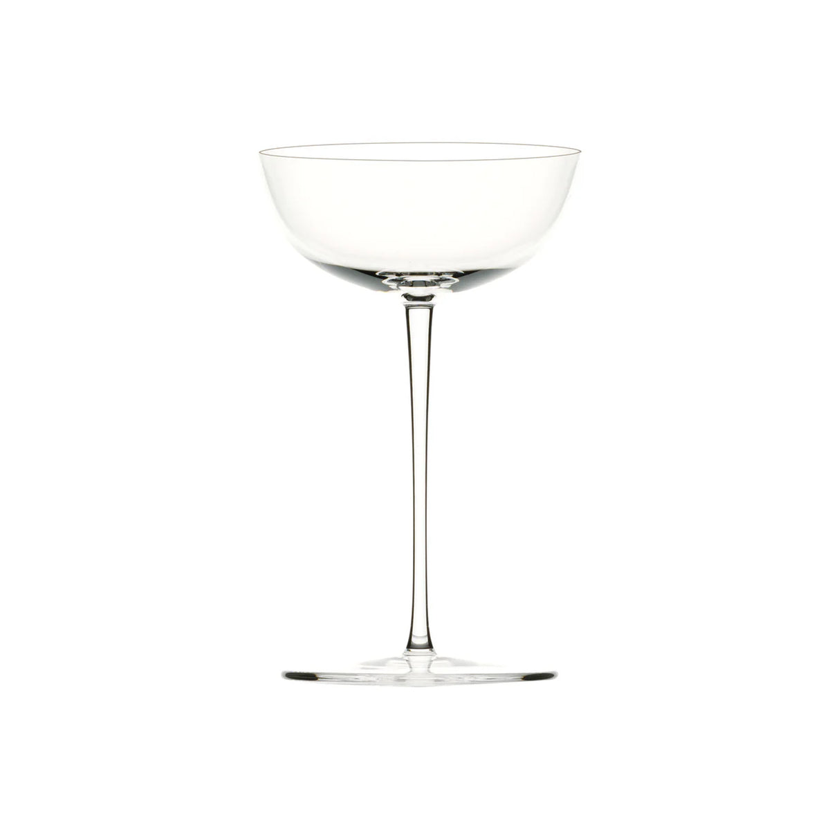 Front view of Patrician Champagne Cup showing ultra-thin mouth-blown crystal and long slender stem on white background