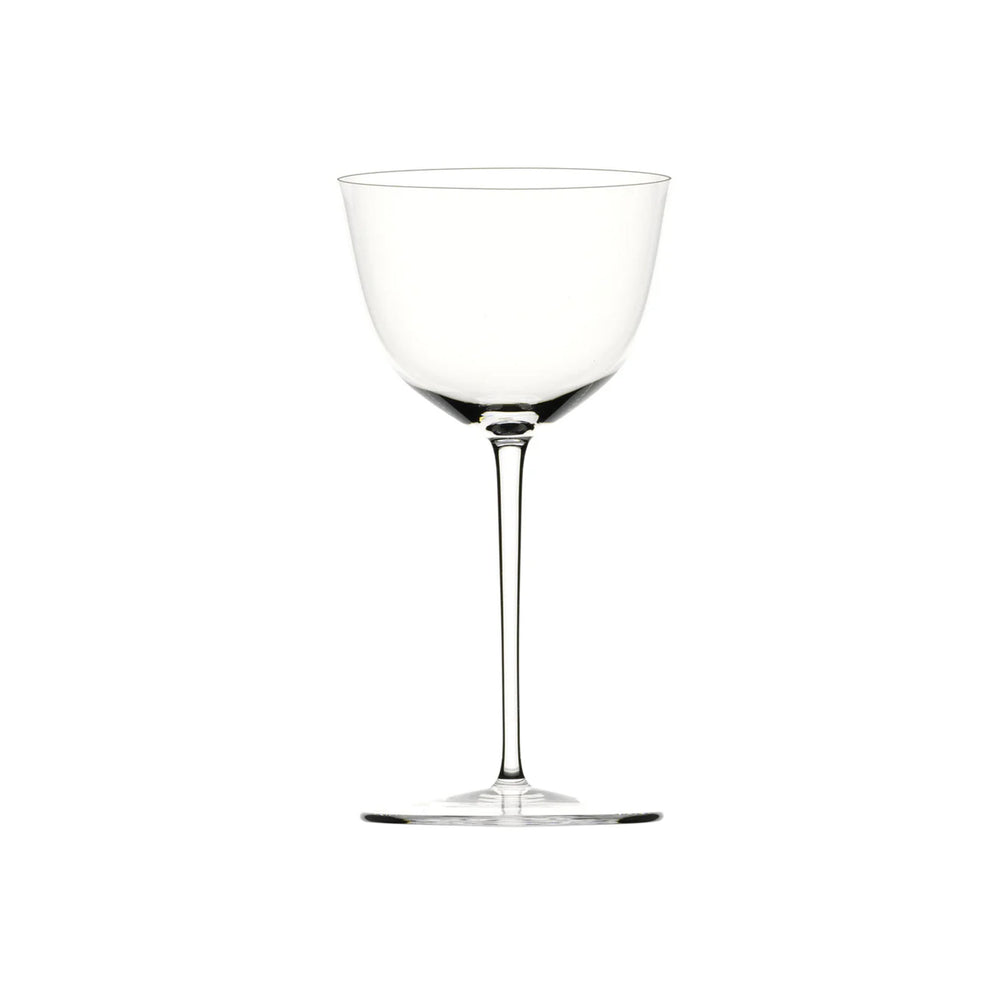 Front view of Patrician Wine Glass I showcasing a rounded muslin crystal bowl and long slender stem on white background