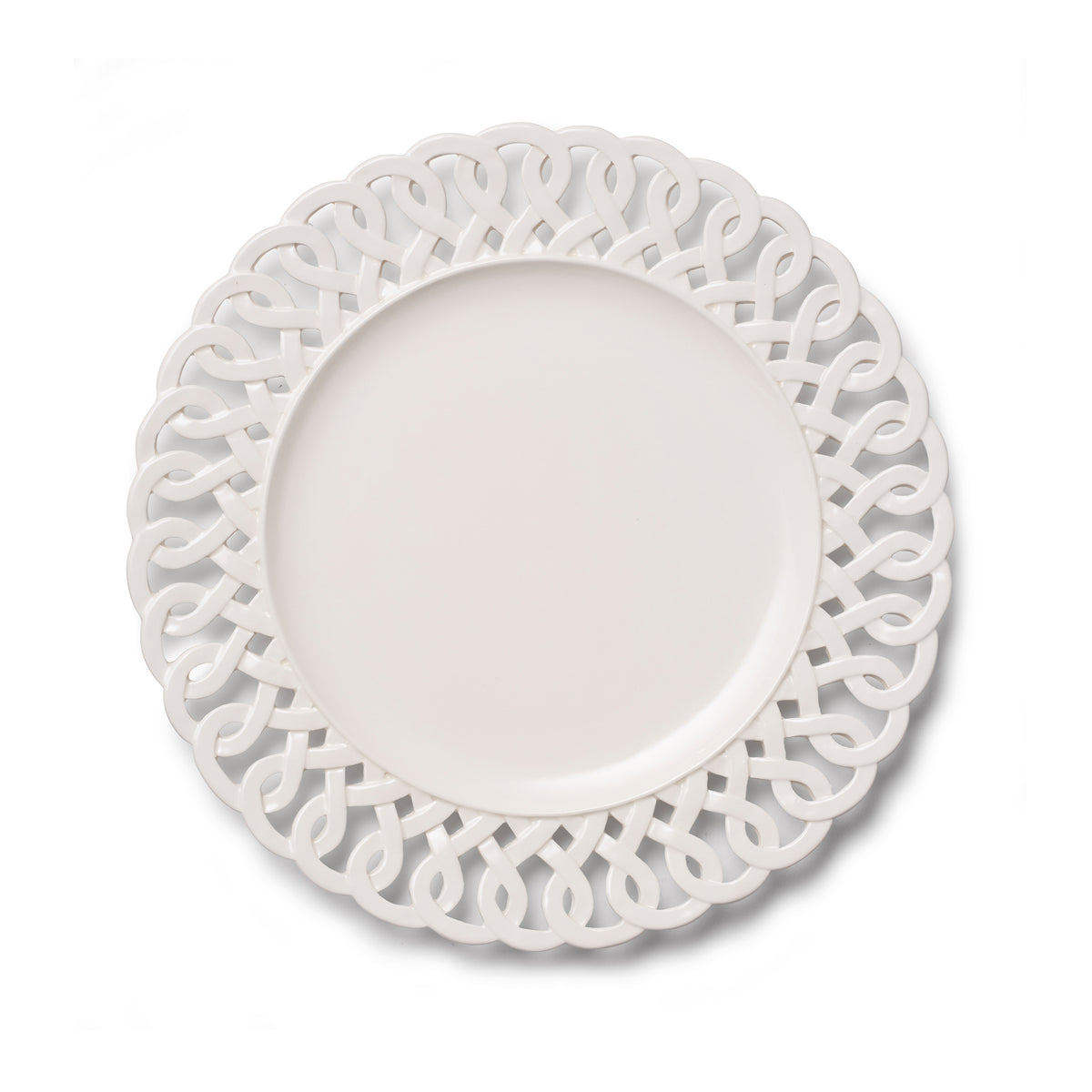 Top view of Paulette Dinner Plate White showcasing intricate cutout design with a white background