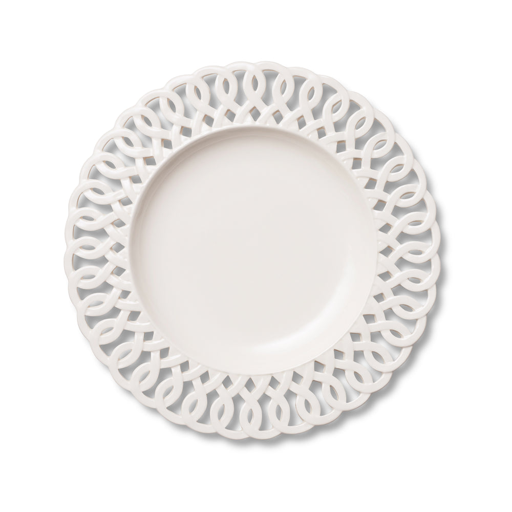 Top view of Paulette Salad Plate in White showcasing its intricate cutout design with a white background