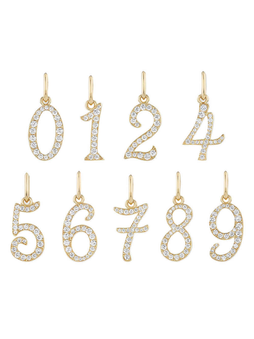 Front view of 14k yellow gold pave number charms 0-9 showcasing pave-set white diamonds on white background