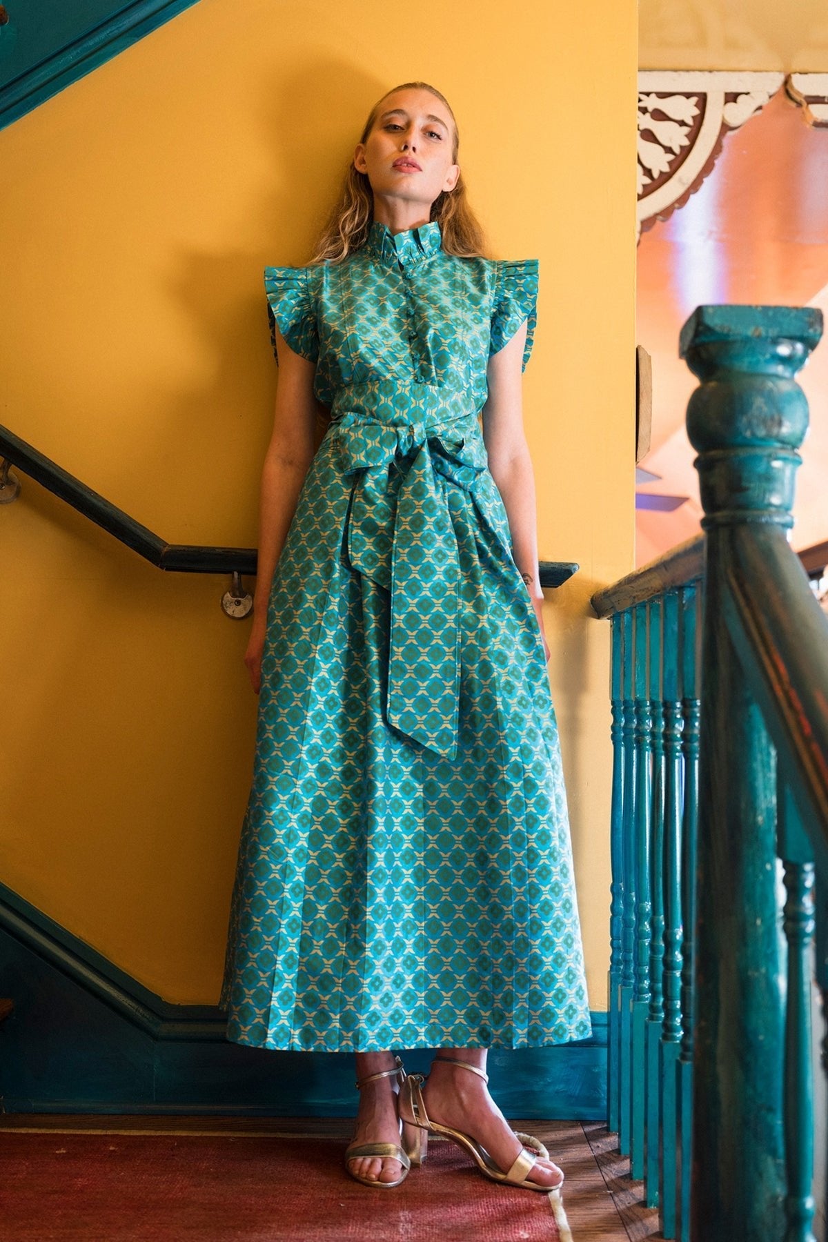 Fairfield Dress in Peacock Taffeta Emerald & Gold Quatrefoil
