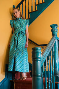 Fairfield Dress in Peacock Taffeta Emerald & Gold Quatrefoil