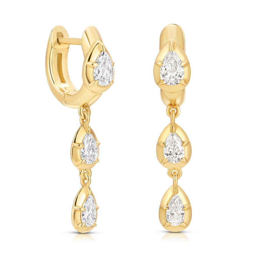 Front view of Pear Solis Drop earring in 14k yellow gold showcasing three pear-shaped diamonds in a cascading drop on a white background