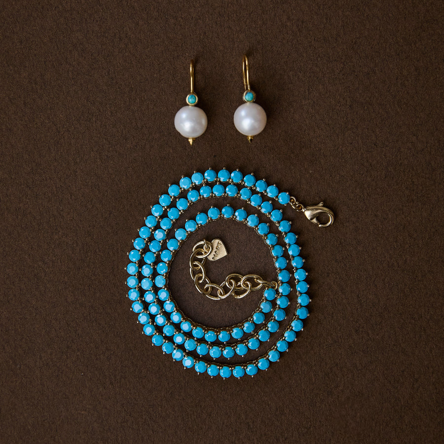 Pearl Earring with Turquoise Tennis Necklace