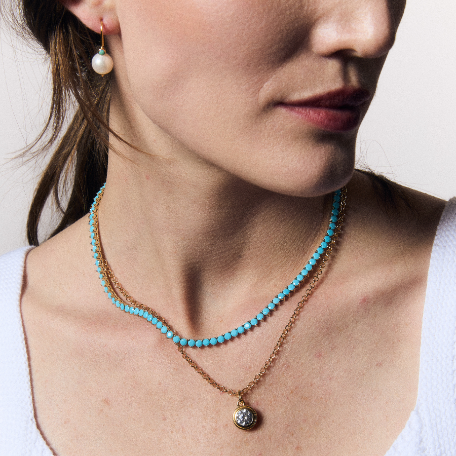 Pearl Earrings, Turquoise Tennis Necklace, and Bezel Necklace