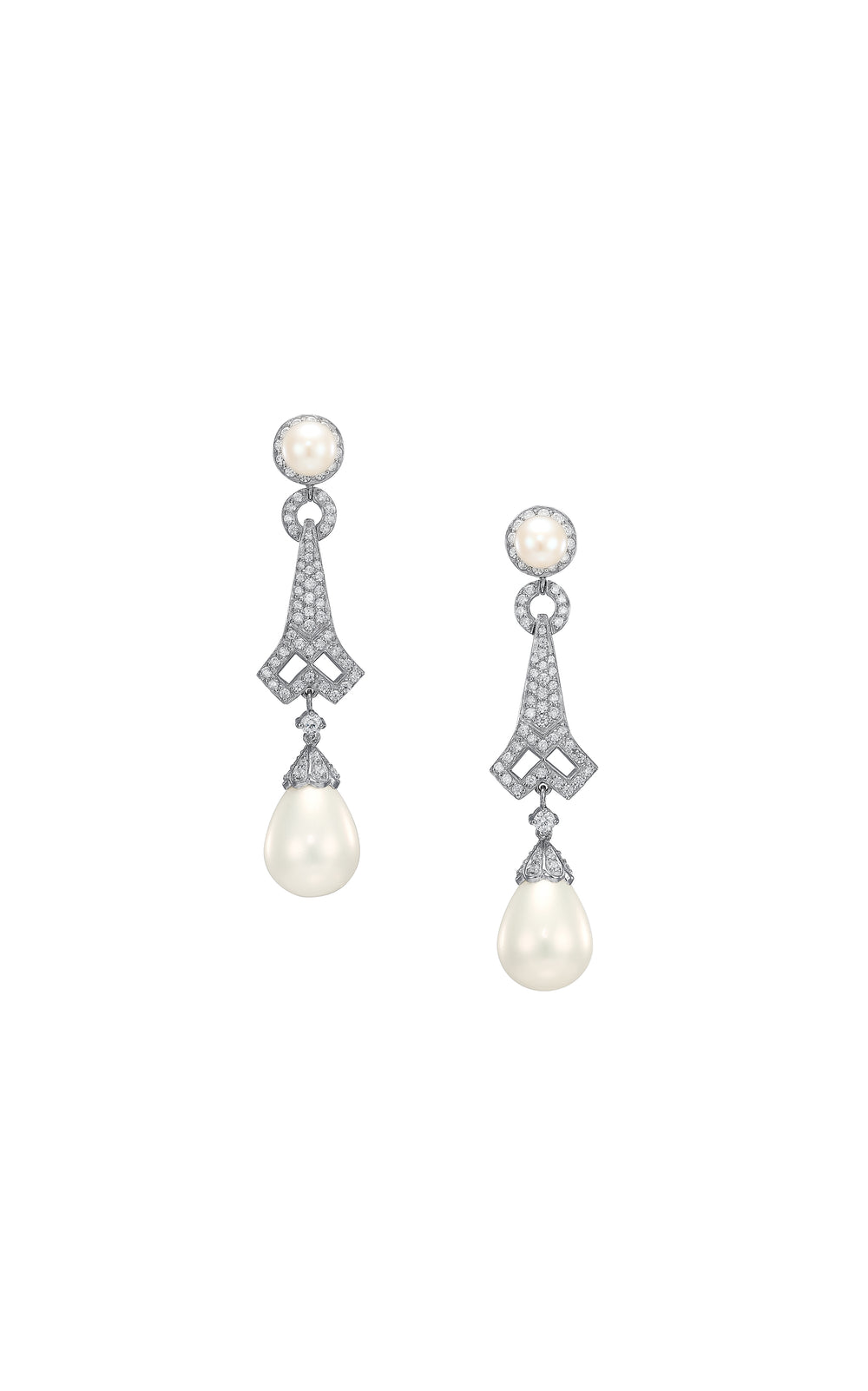 Front view of Pearl Lattice earrings with diamond pave lattice, round top pearls and teardrop pearls on white background