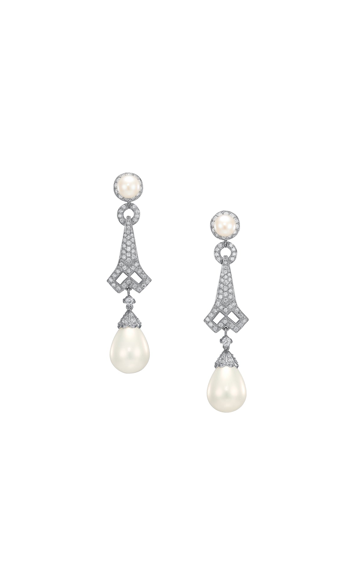 Front view of Pearl Lattice earrings with diamond pave lattice, round top pearls and teardrop pearls on white background