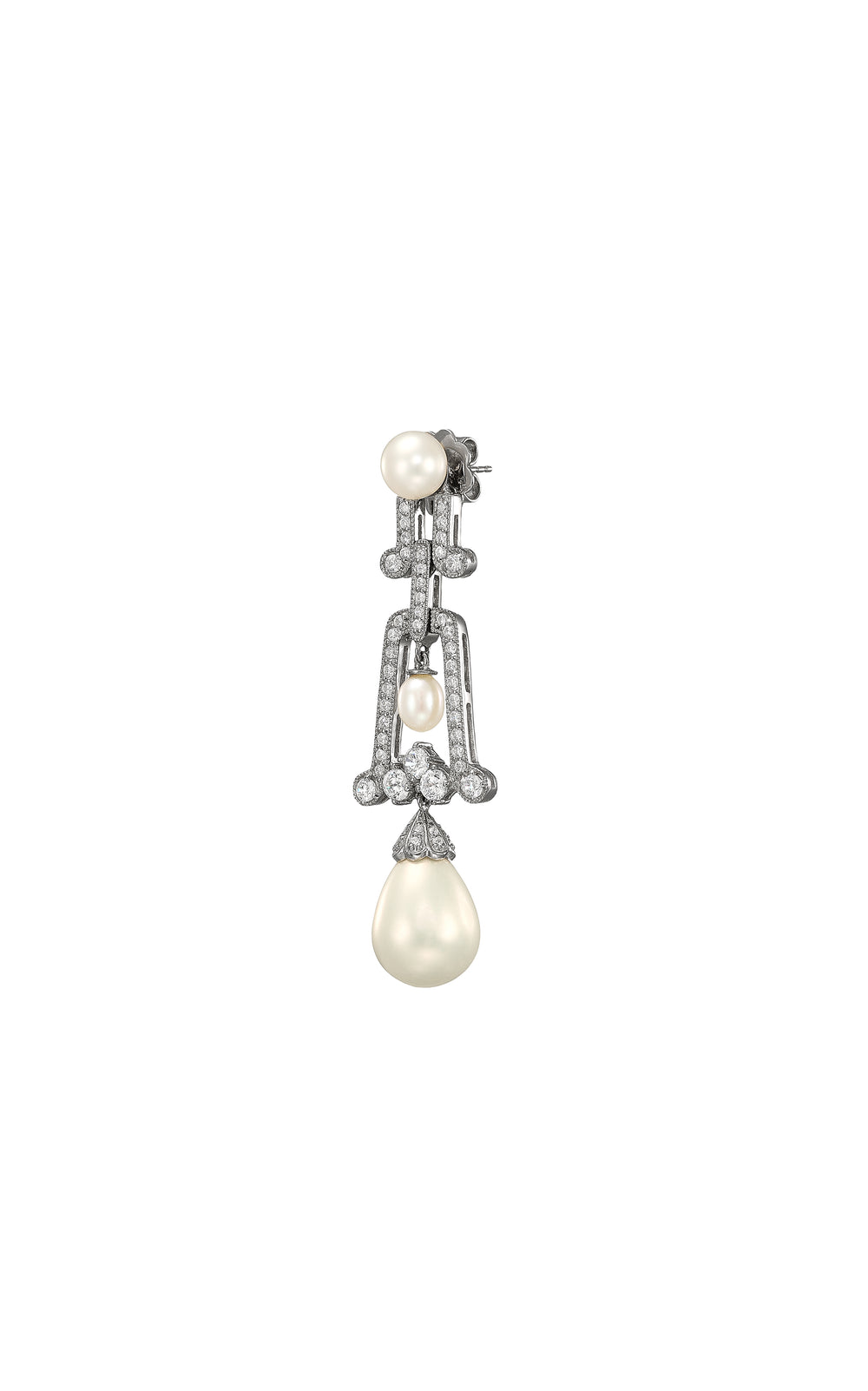 Front view of Pearl Moderne earring showcasing teardrop pearl and diamond accented silver setting on white background
