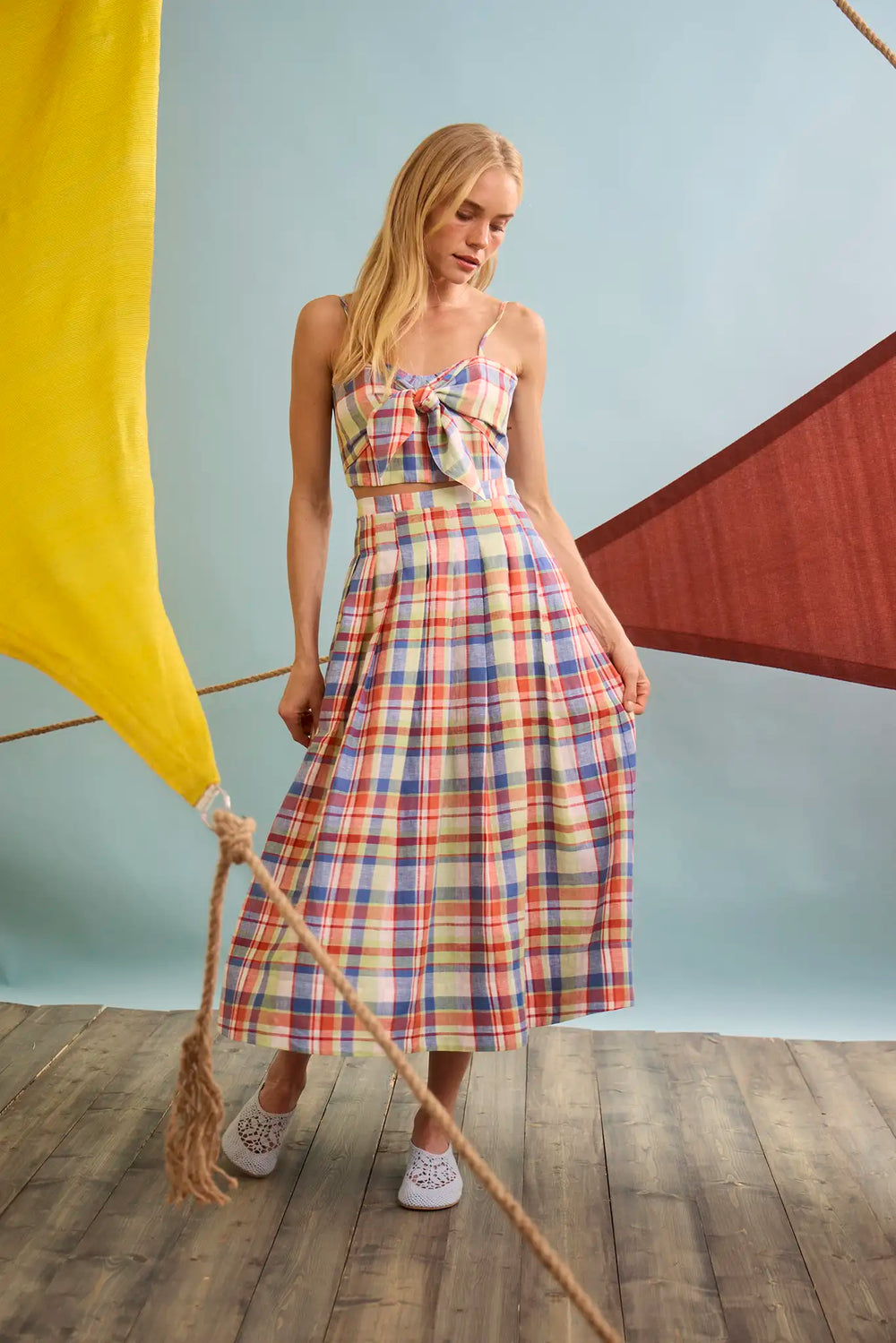 The Maison Skirt in Harbor Club Madras paired with matching Pearl Top.