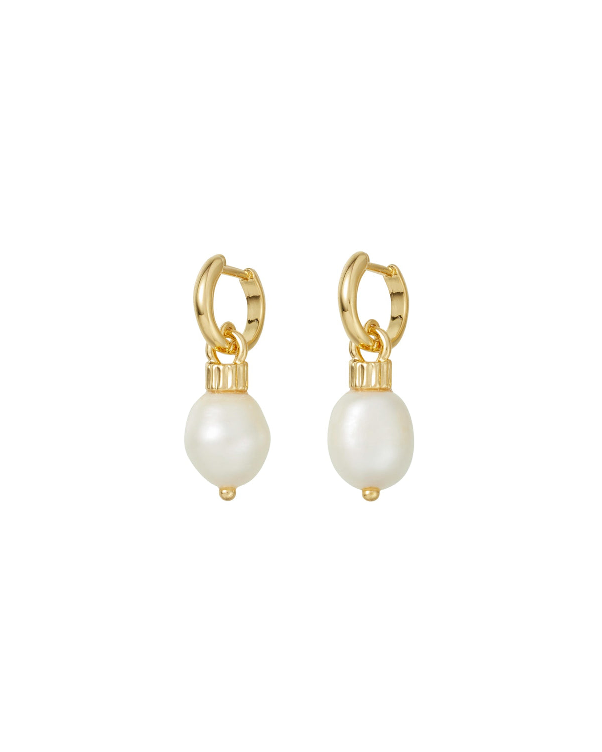 Front view of The Pearl Drop Earrings showcasing gold tone over brass hoops and freshwater pearls on a white background