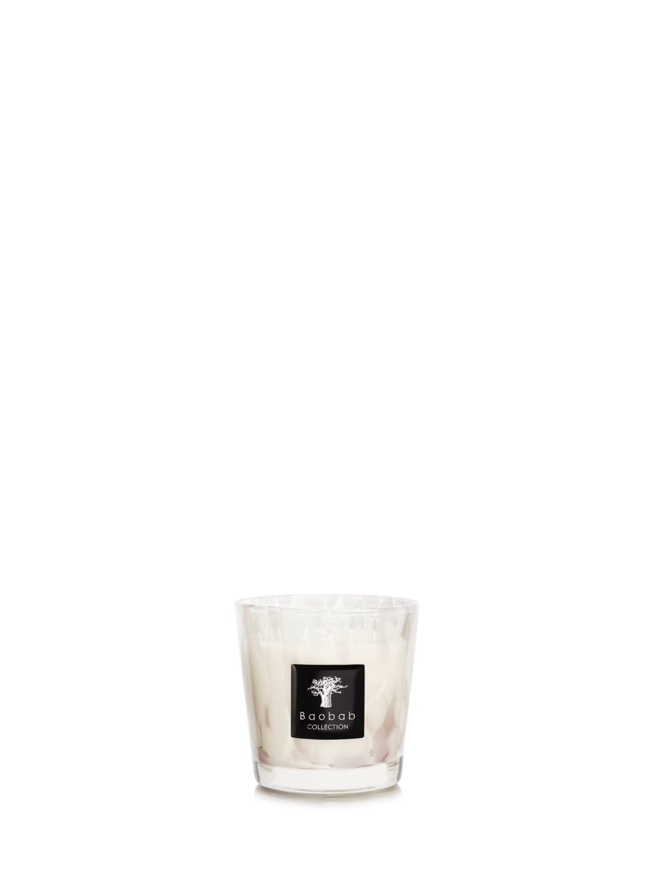 Front view of Max 08 Pearls White candle showing milky pearl glass vessel with Baobab Collection label on white background