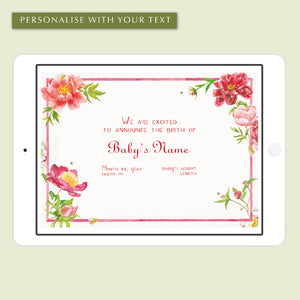 Digital Peonies Birth Announcement with Photo