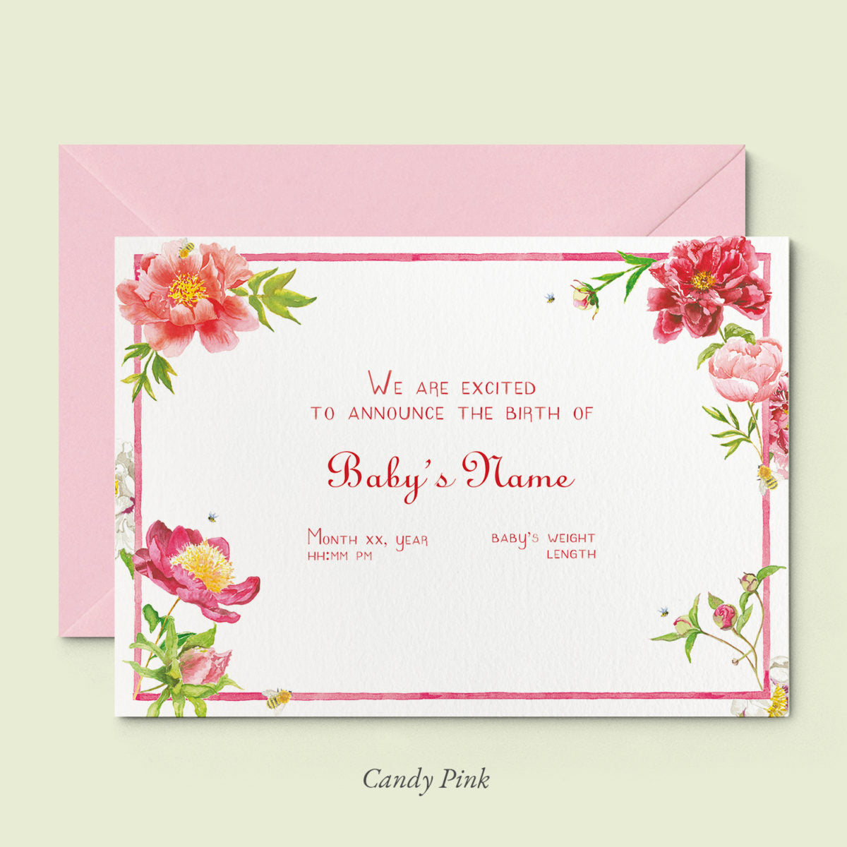 Peonies Birth Announcement without Photo, Set of 50