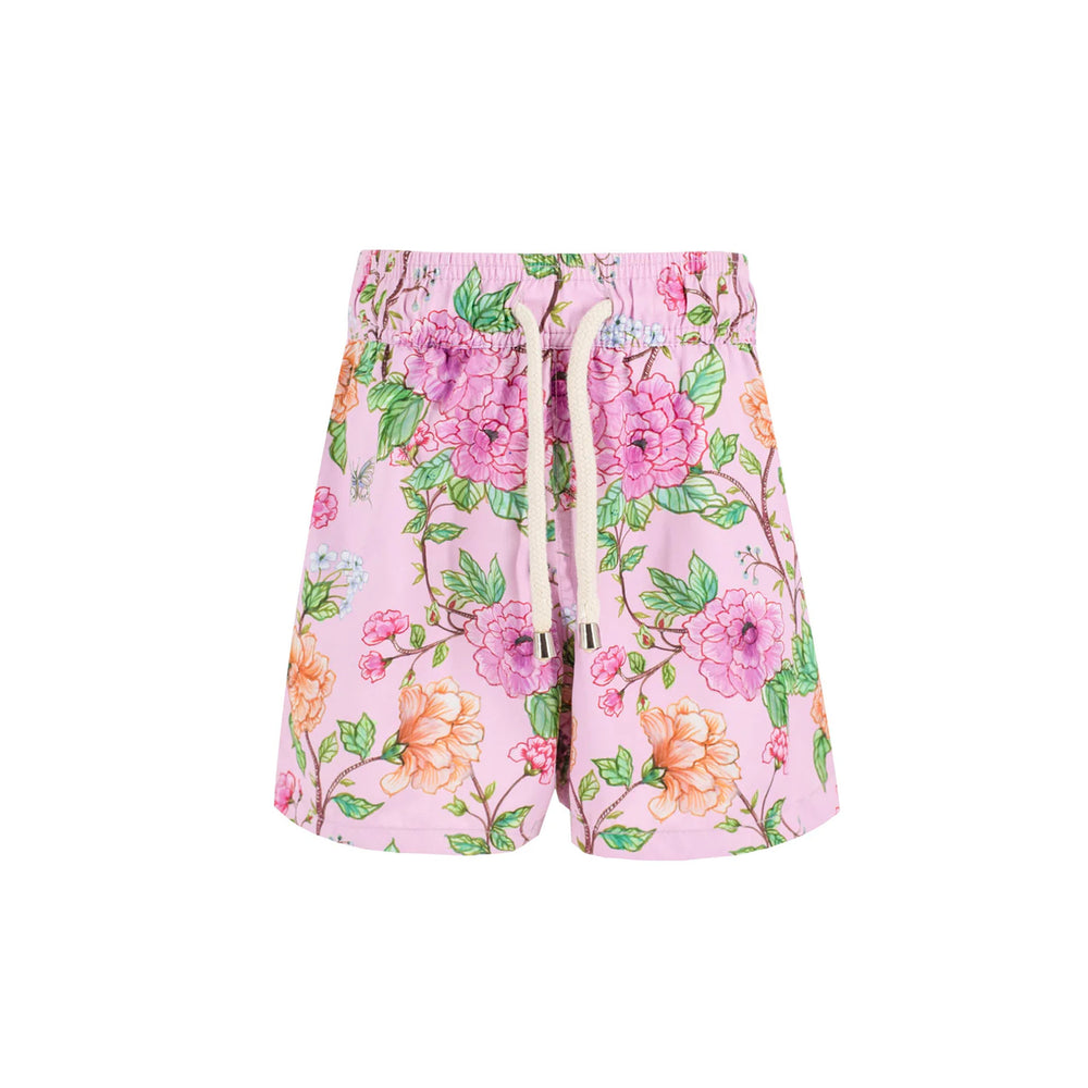 Front view of Peony Boy Swim Trunk showcasing elastic waistband with drawstring and pink peony floral print on white background