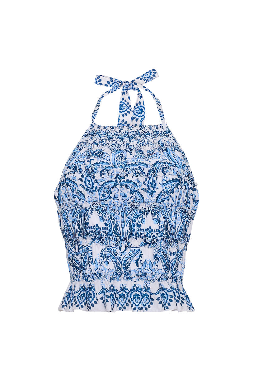 Peony Top in Palm Paisley Sky