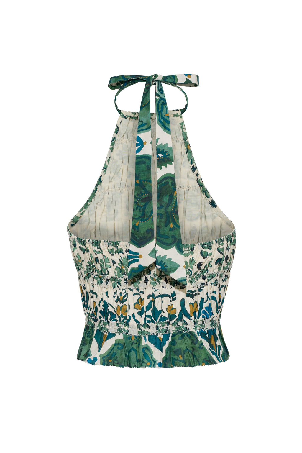 Back view of Peony Top in Samara Green showcasing open back, neck ties, and smocked detail with white background