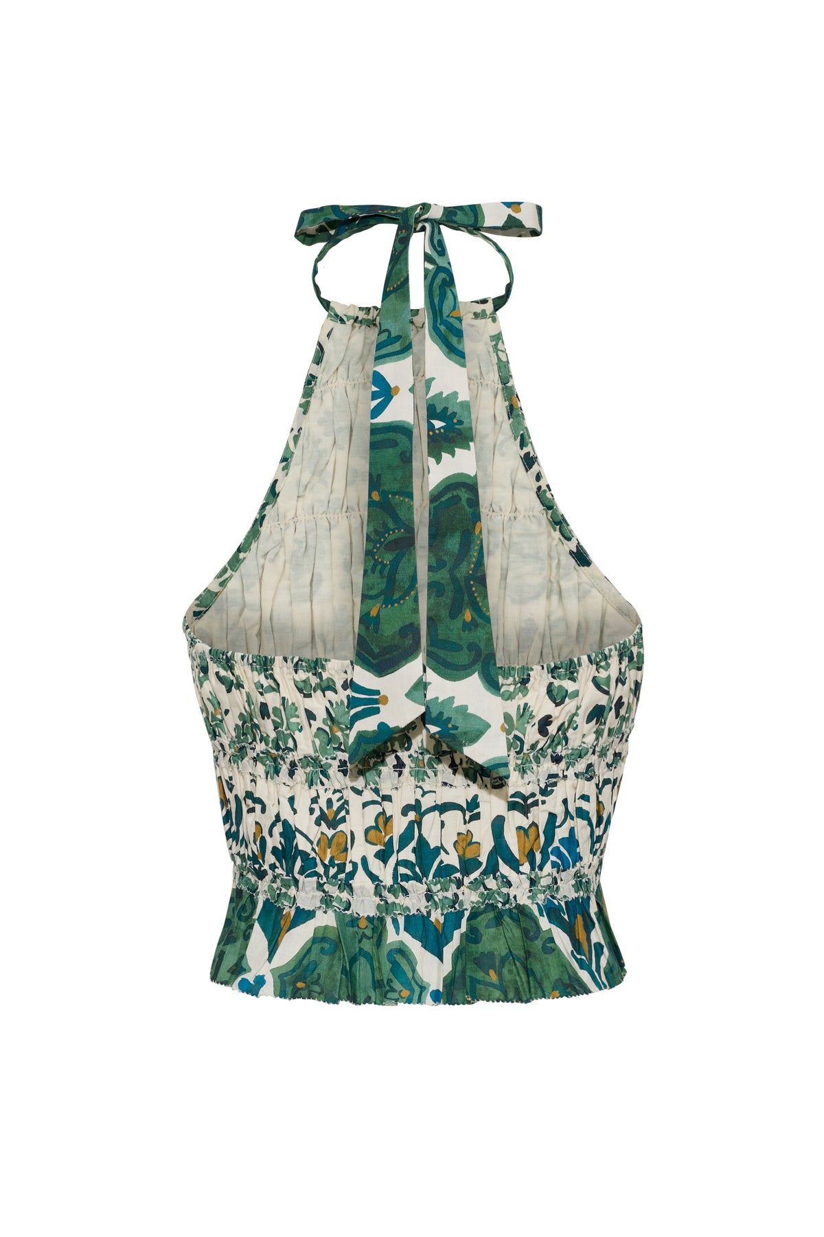 Back view of Peony Top in Samara Green showcasing open back, neck ties, and smocked detail with white background