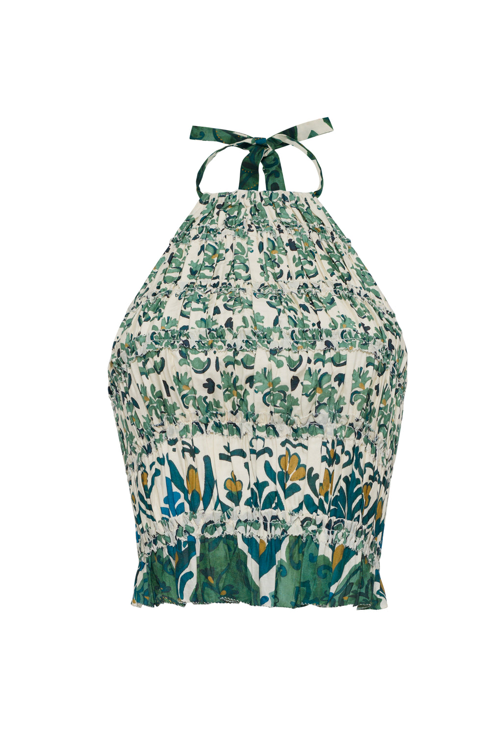 Back view of Peony Top in Samara Green showcasing open back, adjustable neck ties, and smocked silhouette against white background