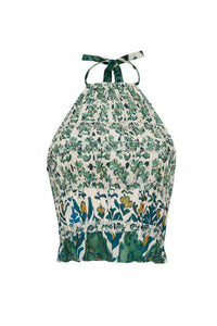 Back view of Peony Top in Samara Green showcasing open back, adjustable neck ties, and smocked silhouette against white background