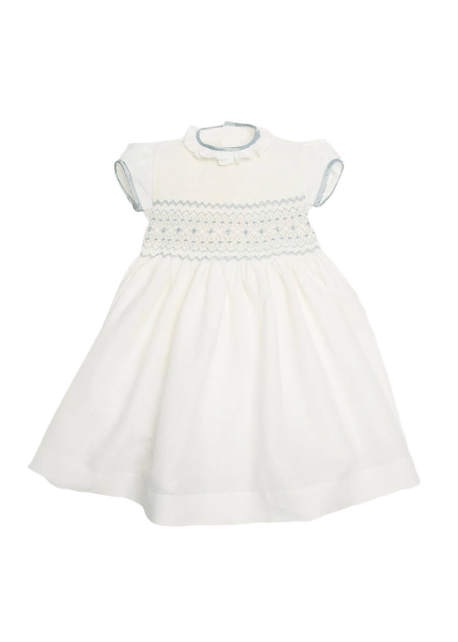 Ivory Hand Smocked Occasion Dress with Blue Details (6mths-8yrs) Dresses from Pepa London