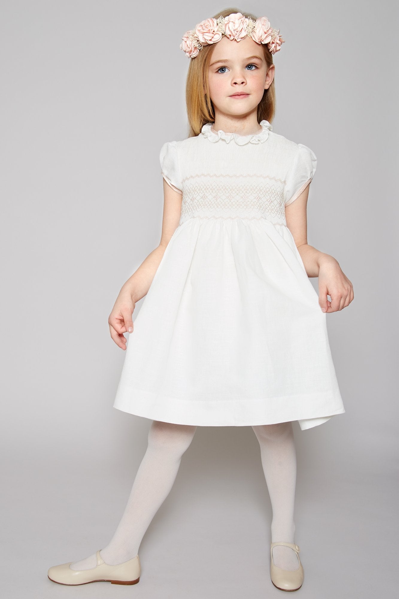 Ivory Hand Smocked Occasion Dress with Pink Details (6mths-10yrs) Dresses from Pepa London