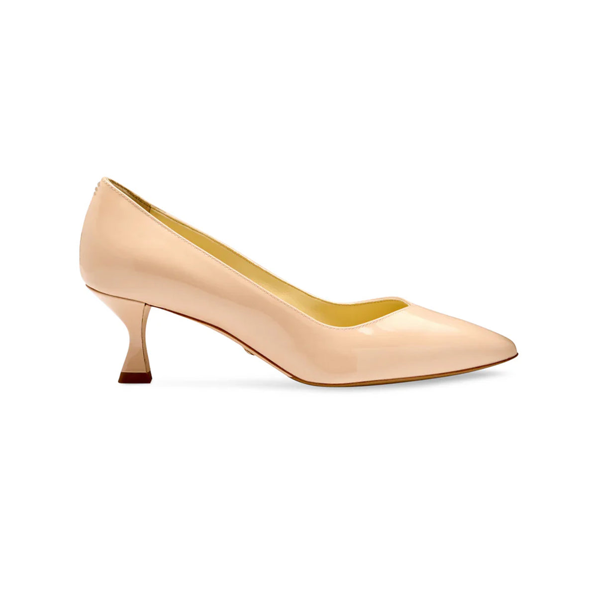 Side view of Perfect Kitten Pump 50 in Light Sand Patent showcasing patent leather and a flared kitten heel on white