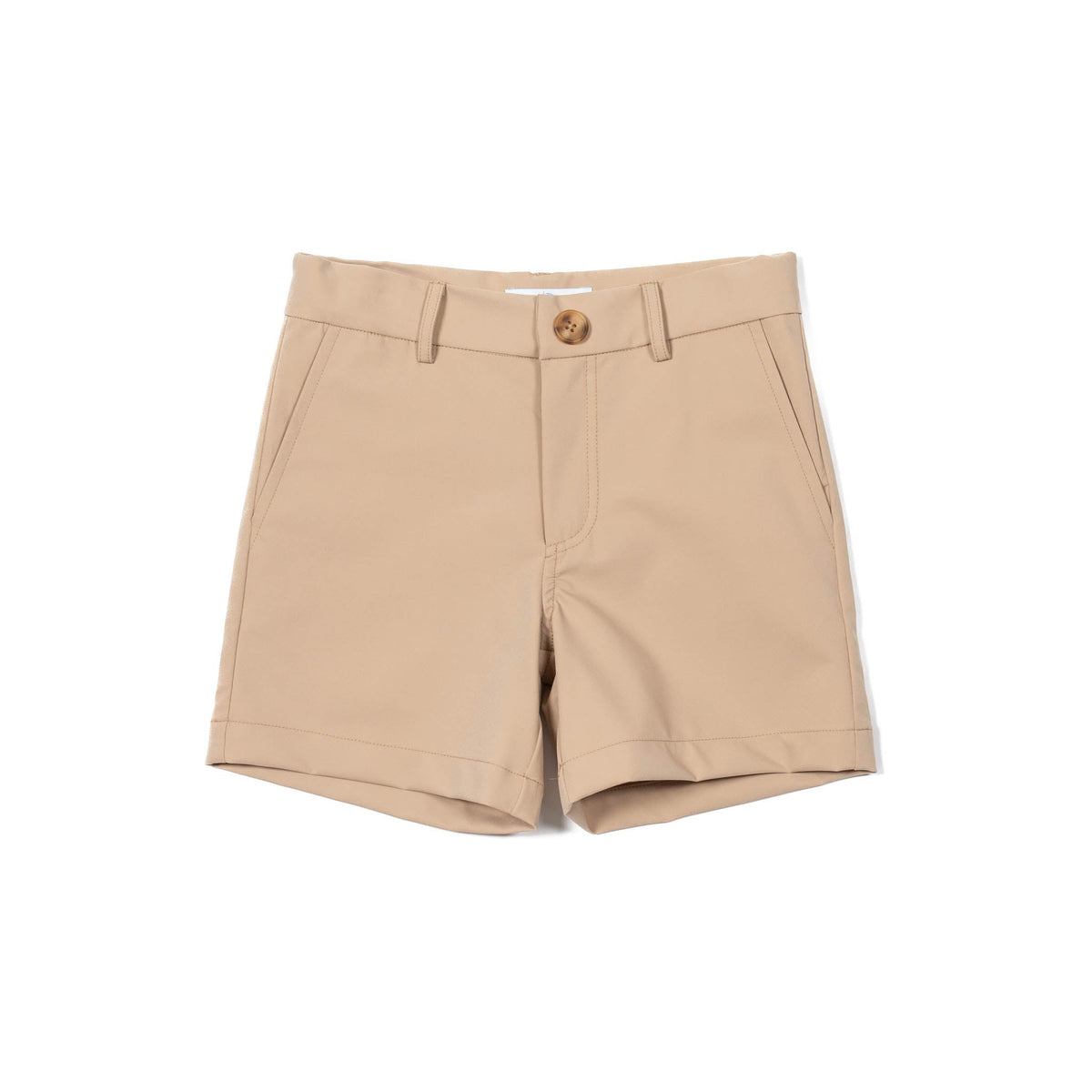 Front view of Performance Uniform shorts in Kings Way Khaki showing faux button closure and side pockets
