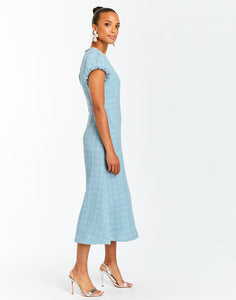 Perla Bow Midi Dress in Periwinkle Sparkle Tweed