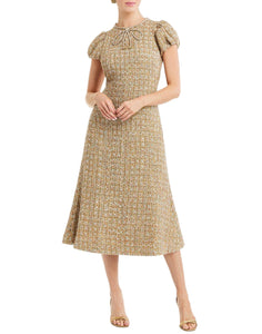 Perla Midi Dress in Gold Multi front – fit-and-flare cocktail midi with puff sleeves, rhinestone bow, crew neckline, and metallic tweed finish by Mestiza New York.